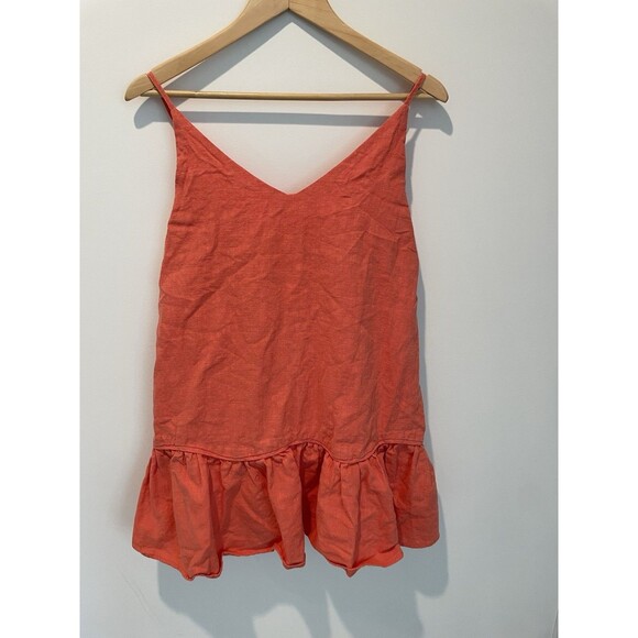 Coral Linen Blend Mini Dress Sleeveless V Neck Ruffle‎ Hem Summer Casual - Picture 2 of 6